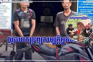សមត្ថកិច្ចនគរបាលឃាត់ខ្លួនបុរស០២នាក់ ករណីលួចកាត់យកដើមឈើទាំងថ្ងៃ ចំនួន០១កំណាត់រាងមូលមានប្រវែងប្រហែល២០០សង់ទីម៉ែត្រទំហ៊ំប្រមាណ៥០ សង់ទីម៉ែត្រ នៅស្រុកសំពៅលូន ខេត្តបាត់​ដំ​បង
