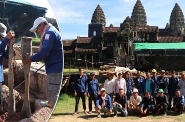 អាជ្ញាធរជាតិអប្សរាកំពុងជួយសង្គ្រោះគ្រឹះ និងបង្កាន់ដៃនាគនៅជាន់ផ្ទាល់ដី ភាគខាងត្បូងនៃប្រាសាទអង្គរវត្ត