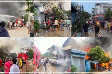ករណីអគ្គីភ័យឆេះសិប្បកម្មដេរពូកសាឡុង មួយកន្លែងស្ថិតនៅ ភូមិតាងៅក្រោម សង្កាត់និរោធ ខណ្ឌច្បារអំពៅ ភ្នំពេញ