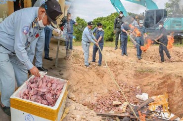 សាច់ក្រួចបង្កកប្រមាណ ២តោន ត្រូវបានដុតកម្ទេចចោល នៅខេត្តព្រៃវែង